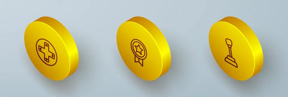 Set Isometric line Game controller or joystick, rating with medal and Gear 库存插图