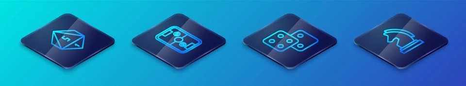 Set Isometric line Game dice, Chess and Air hockey table icon. Vector Stock Illustration