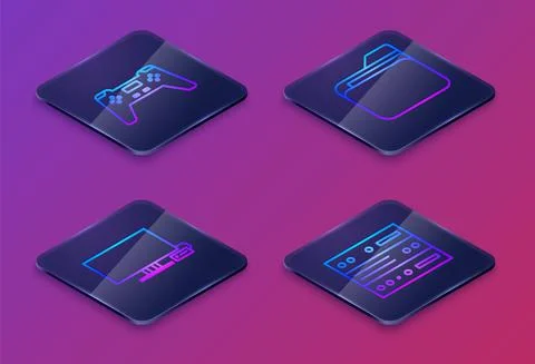 Set Isometric line Gamepad, Smart Tv, Document folder and Server, Data, Web Stock Illustration