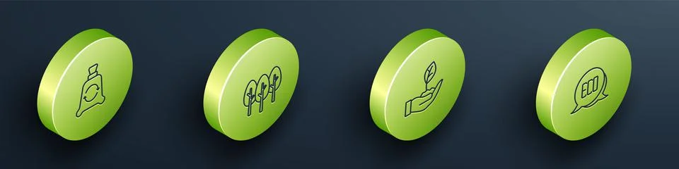 Set Isometric line Garbage bag with recycle, Tree, Plant in hand and Leaf Eco Stock Illustration