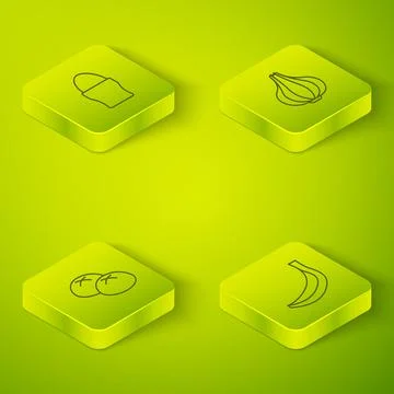 Set Isometric line Garlic, Bread loaf, Banana and Chicken egg on stand icon Stock Illustration