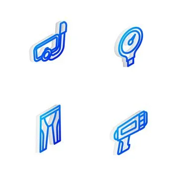 Set Isometric line Gauge scale, Diving mask with snorkel, Wetsuit for scuba.. Stock Illustration