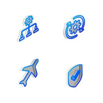 Set Isometric line Gear and arrows as workflow, Lead management, Plane and Sh Stock Illustration