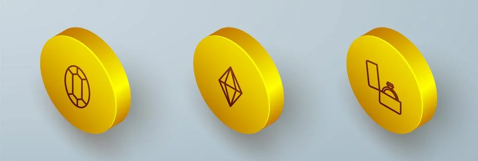 Set Isometric line Gem stone, and Diamond engagement ring in box icon. Vector Illustration
