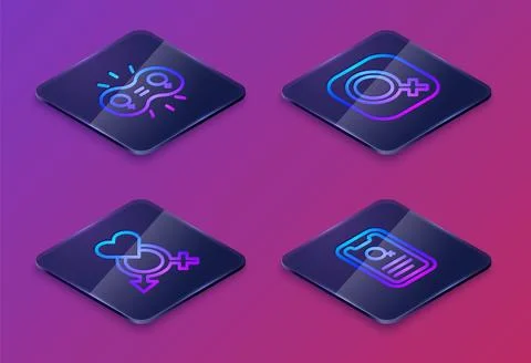 Set Isometric line Gender equality, Female gender and Dating app. Blue square Stock Illustration