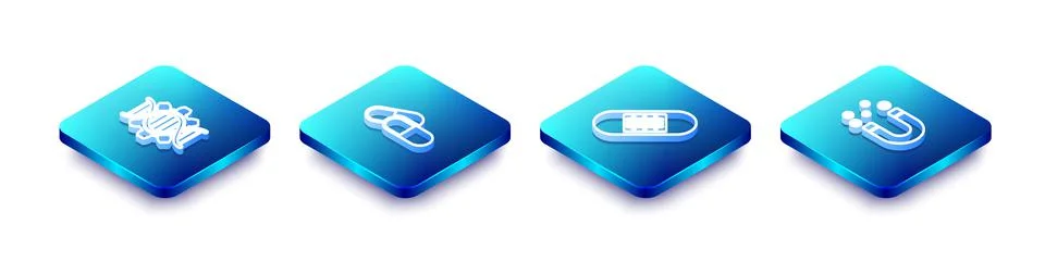 Set Isometric line Genetic engineering, Medicine pill or tablet, Bandage plaster Stock Illustration