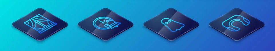 Set Isometric line Ghost, Window with curtains, Travel neck pillow and Alarm Ilustração Stock