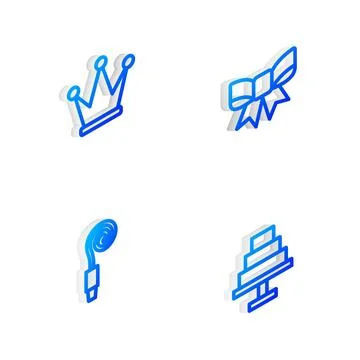 Set Isometric line Gift bow, Crown, Birthday party horn and Cake icon. Vector Illustrazione stock