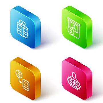 Set Isometric line Gift box, Casino chips exchange, and Winner holding prize Illustrazione stock