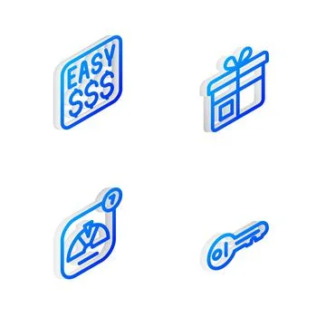 Set Isometric line Gift box, Money prize in casino, Lucky wheel and Old key icon Stock Illustration