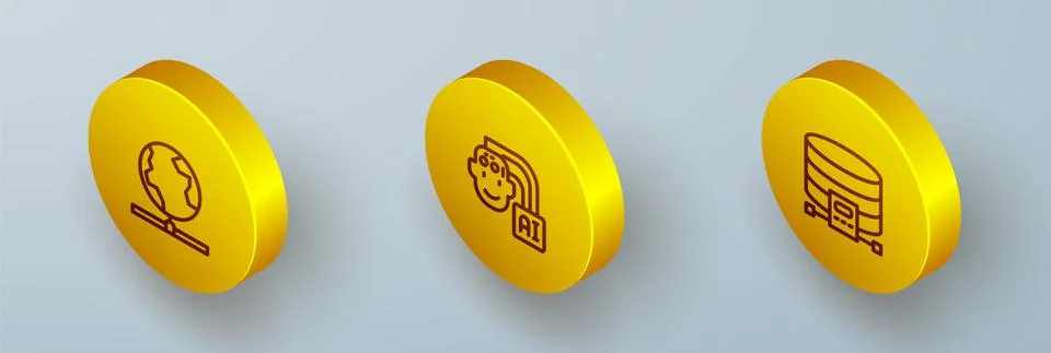 Set Isometric line Global technology, Humanoid robot and Cloud database icon Stock Illustration