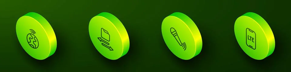 Set Isometric line Global technology, Transfer files, Wireless microphone and Stock Illustration
