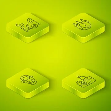 Set Isometric line Global warming fire, Face protective mask, Problem pollu.. Illustrazione stock