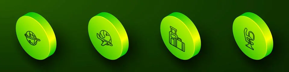 Set Isometric line Globe with flying plane, , Suitcase and Airplane seat icon Illustration