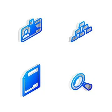 Set Isometric line Gold bars, Identification badge, Document and Magnifying g Stock Illustration