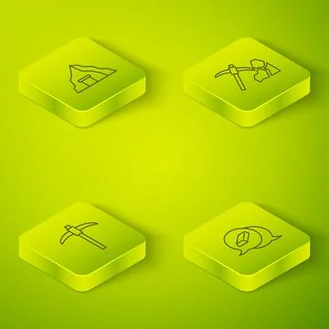 Set Isometric line Gold mining, Pickaxe, bars and mine icon. Vector Stock Illustration