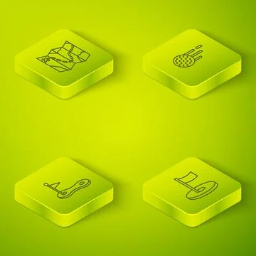 Set Isometric line Golf ball, hole with flag, and course layout icon. Vector Stockillustratie