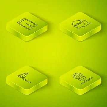 Set Isometric line Golf label, flag, ball on tee and pants icon. Vector Stock Illustration