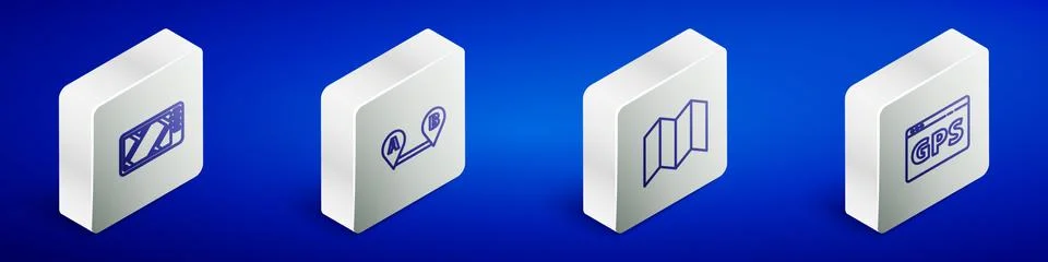 Set Isometric line Gps device with map, Route location, Folded and icon. Vector Stock Illustration
