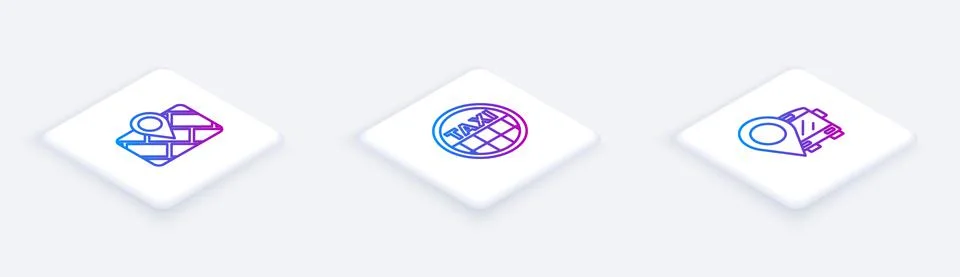 Set Isometric line Gps device with map, Taxi car roof and Location bus. White Stock Illustration
