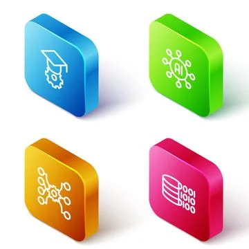 Set Isometric line Graduation cap, Neural network, and Binary code icon. Vector 스톡 일러스트
