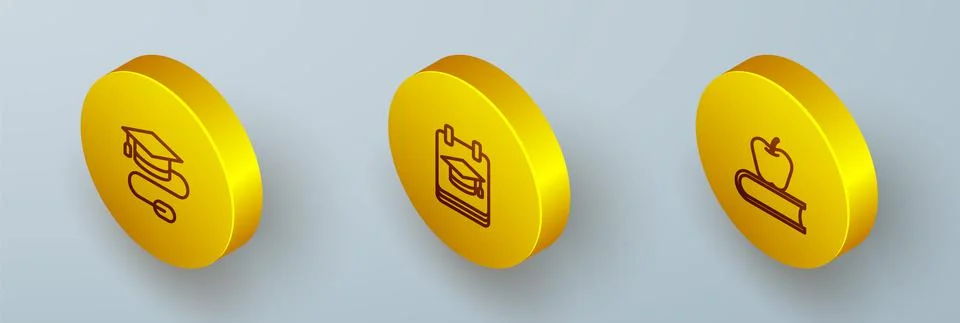 Set Isometric line Graduation cap with mouse, Online education and Book apple Stock Illustration