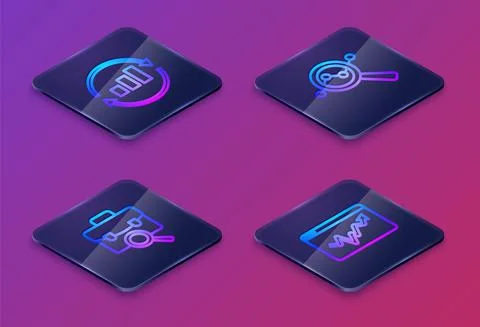 Set Isometric line Graph chart infographic, Work search, Search data analysis Stock Illustration