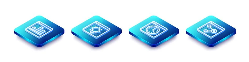Set Isometric line Graph chart infographic, Browser window,  and  icon. Vecto Stock Illustration