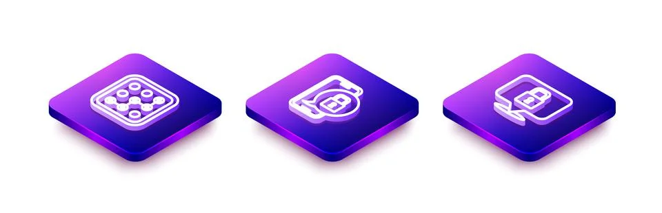 Set Isometric line Graphic password protection, Mobile with closed padlock and Stock Illustration