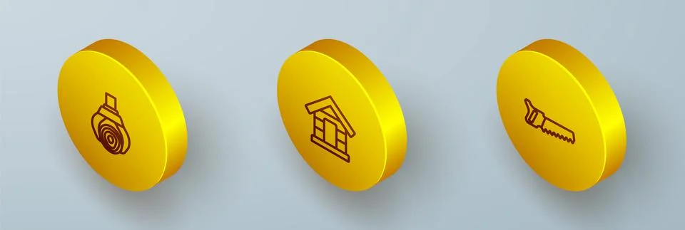 Set Isometric line Grapple crane grabbed a log, Dog house and Hand saw icon Illustrazione stock