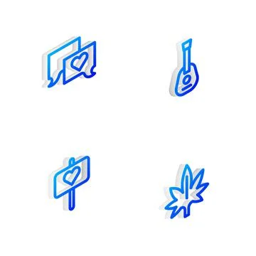 Set Isometric line Guitar, Speech bubble chat, Peace and Marijuana icon. Vector Stock Illustration