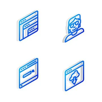 Set Isometric line Hacker or coder, Software, Search engine and Cloud technology Stockillustratie