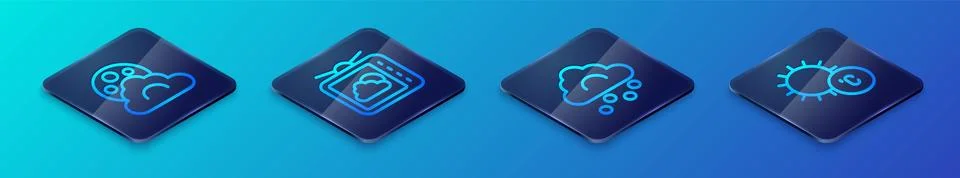 Set Isometric line Hail cloud, Cloud with moon, Sun and Weather forecast icon Ilustração Stock