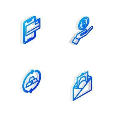 Set Isometric line Hand giving money, Mobile banking, Gold bars and Envelope イラスト素材