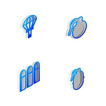 Set Isometric line Hand grenade, Parachute, Bullet and icon. Vector Stock Illustration