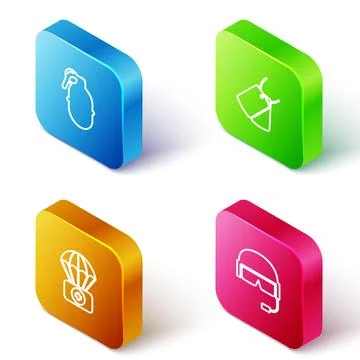 Set Isometric line Hand grenade, Military dog tags, Parachute with first aid  스톡 일러스트