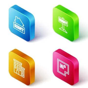 Set Isometric line Hanging sign with Rent, , House and plan icon. Vector Stock Illustration
