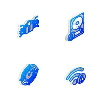 Set Isometric line Hard disk drive and lock, Cyber security, Time Management and 스톡 일러스트