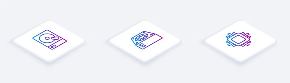 Set Isometric line Hard disk drive HDD, Computer cooler and Processor with CPU 库存插图
