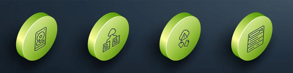 Set Isometric line Hard disk drive HDD, Cloud technology data transfer, hacking Illustrazione stock