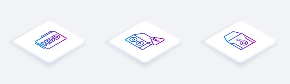 Set Isometric line Hard disk drive HDD, Case of computer and Uninterruptible Stock Illustration
