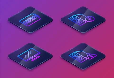 Set Isometric line Hard disk drive HDD, Computer monitor screen, Case of co.. Illustrazione stock