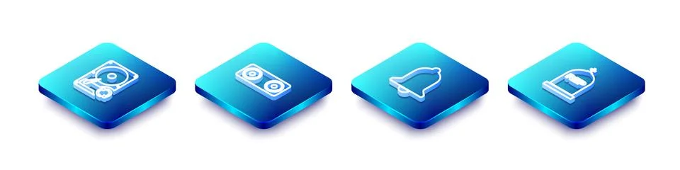 Set Isometric line Hard disk drive HDD sync refresh, Stereo speaker, Ringing  Stock Illustration