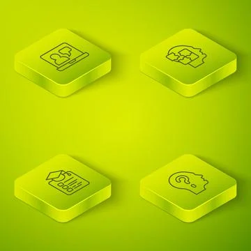 Set Isometric line Head puzzles strategy, Online education, with question mark Stock Illustration