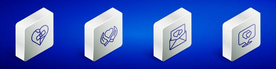 Set Isometric line Healed broken heart or divorce, Heart in hand, Envelope with Illustrazione stock