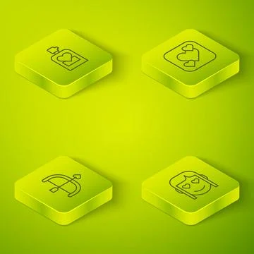 Set Isometric line Heart, Bow and arrow, Romantic girl and Perfume icon. Vector Ilustração Stock