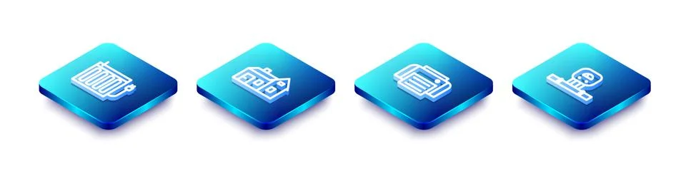 Set Isometric line Heating radiator, House, Printer and Smart sensor icon Ilustración de archivo
