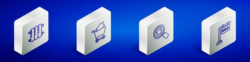 Set Isometric line Heating radiator, Shopping cart with house, Search and H.. Illustrazione stock