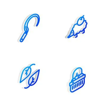 Set Isometric line Hedgehog, Sickle, Leaf and Basket and food icon. Vector 스톡 일러스트