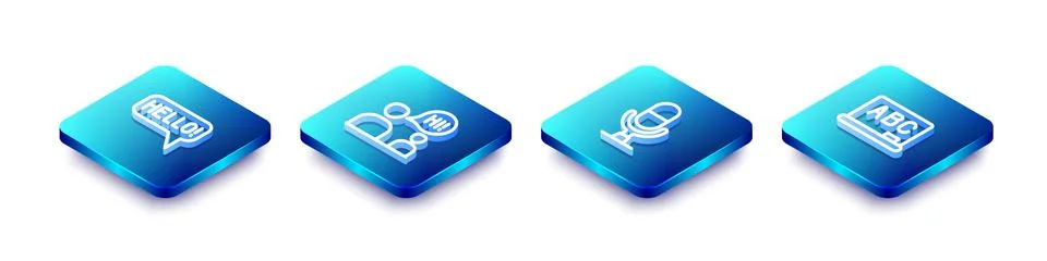 Set Isometric line Hello in different languages, Two sitting men talking, M.. Stock Illustration
